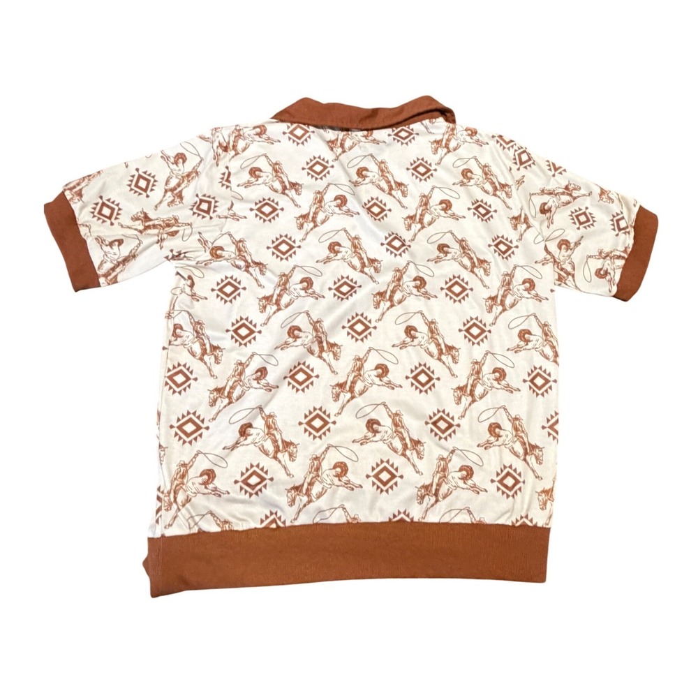 Howdy Hanny Western Rodeo Cowboy Print Polo Top Brown White XL Ranch Girl Dreams - Picture 10 of 12